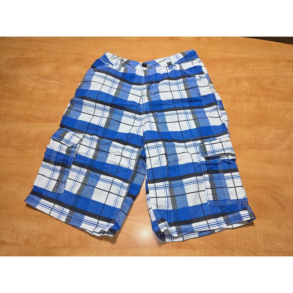 Surplus Kids Blue Plaid Cargo Shorts Size 18 Adjustable Waist Utility Casual